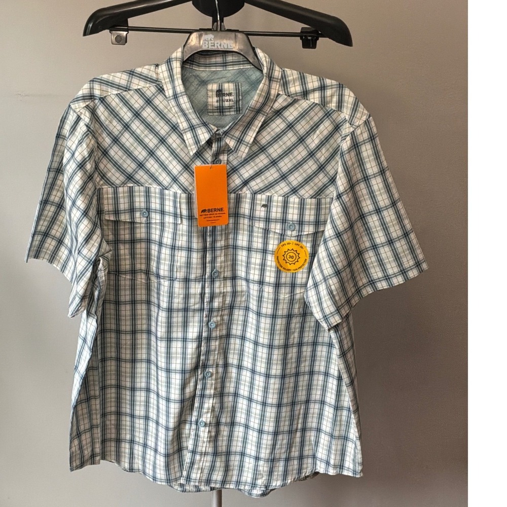 Berne Plaid Fishing Shirt Mens 2XL Blue White UPF 30 Gorpcore Workwear SH31PEM - Picture 2 of 11